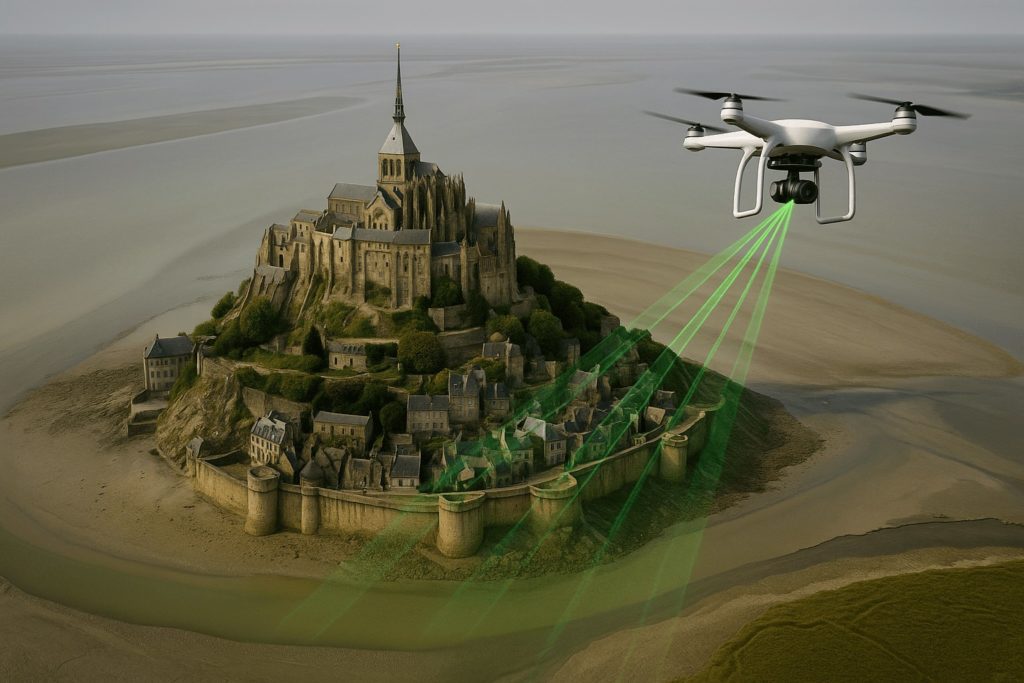 モン・サン・ミシェルをスキャニングしているドローン